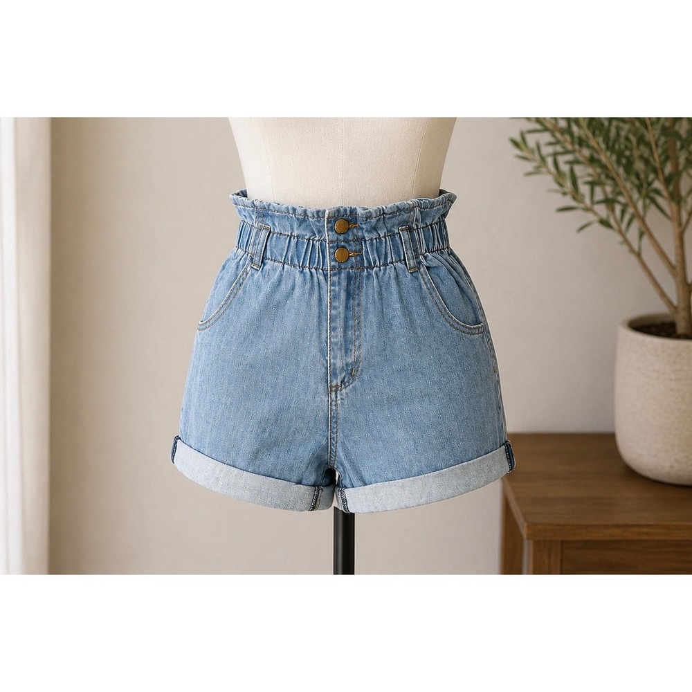 SeeThruSoul High Waisted Paperbag Denim Shorts Light Wash Blue Cuffed Size 25